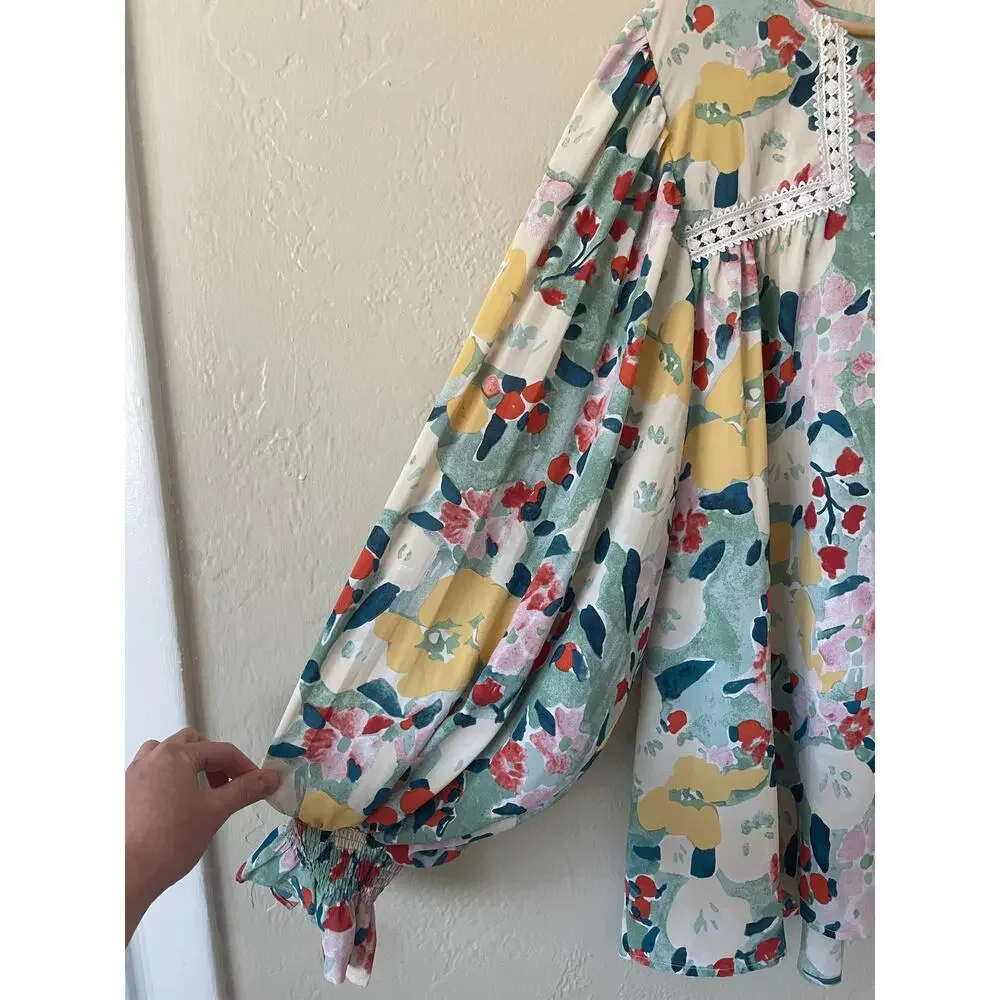 Entro Floral Crochet Detail Smocked Blouse Top Spring Boho Flowy Office Career - Picture 6 of 8